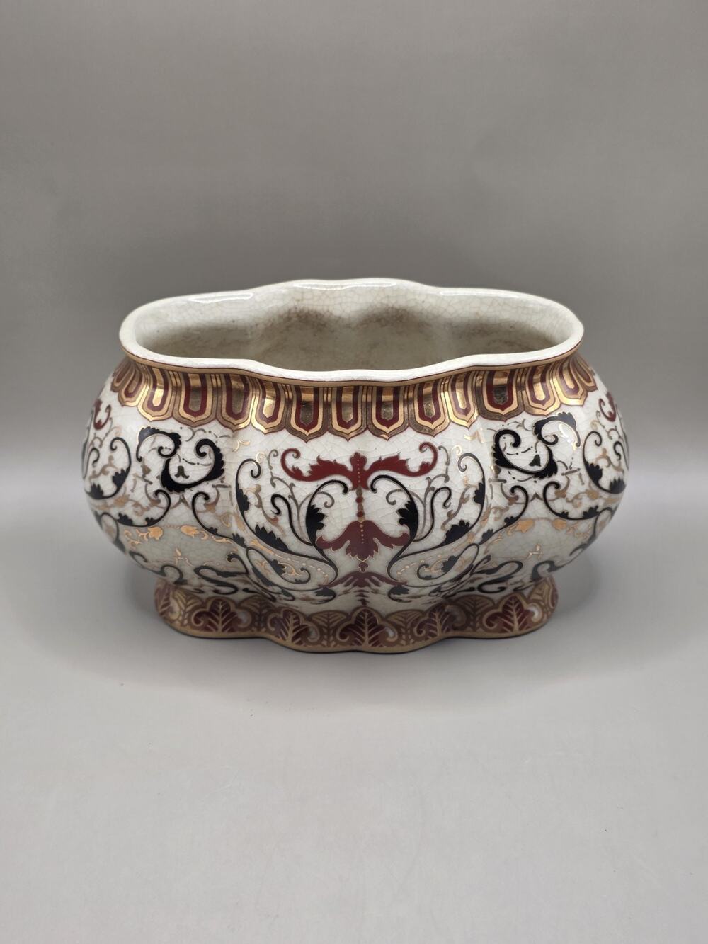 Vintage Amita Porcelain Cachepot Planter Oval Foot Bath Gold Burgundy Scroll